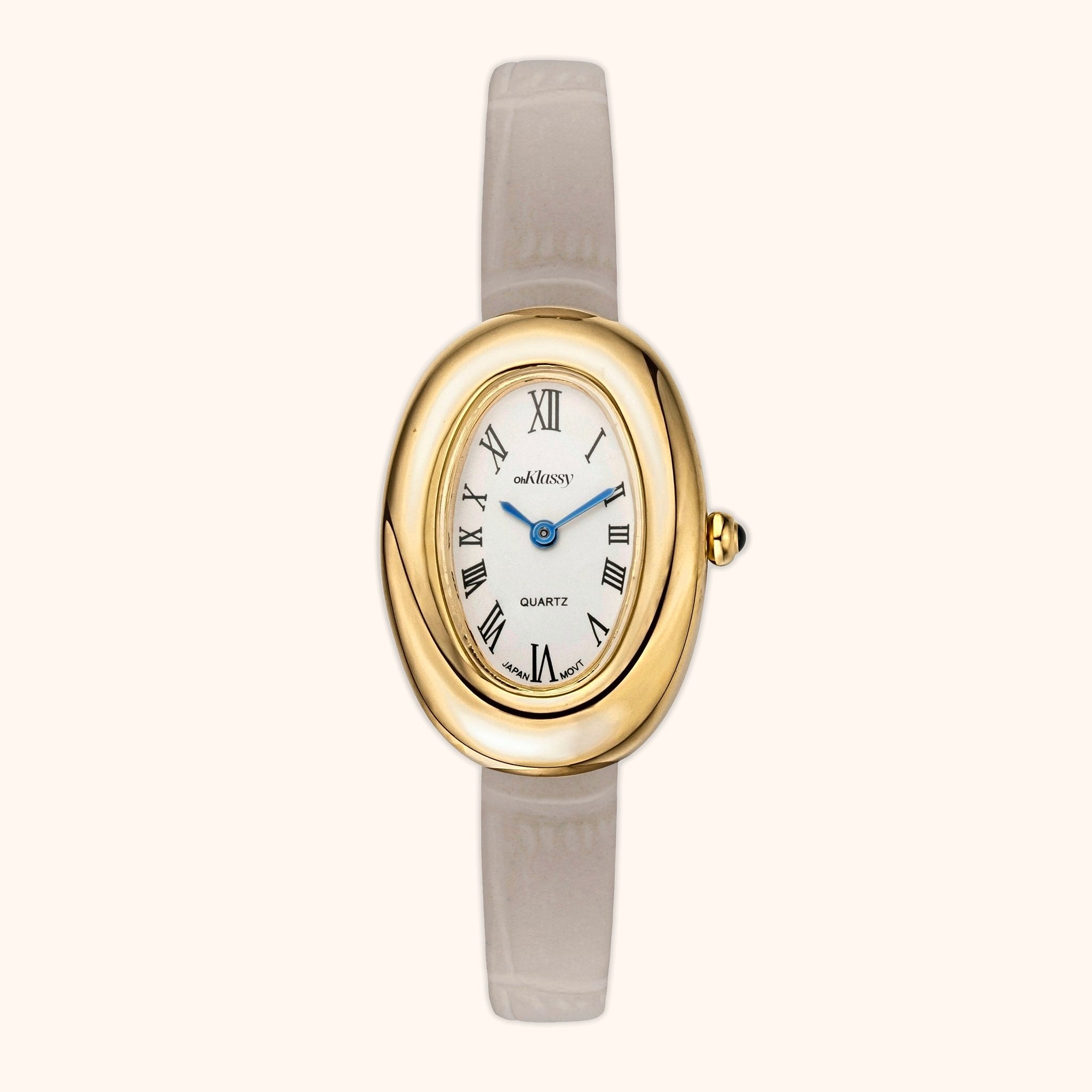 OhKlassy Sarah Grey Leather Gold women's vintage-inspired watch, front view