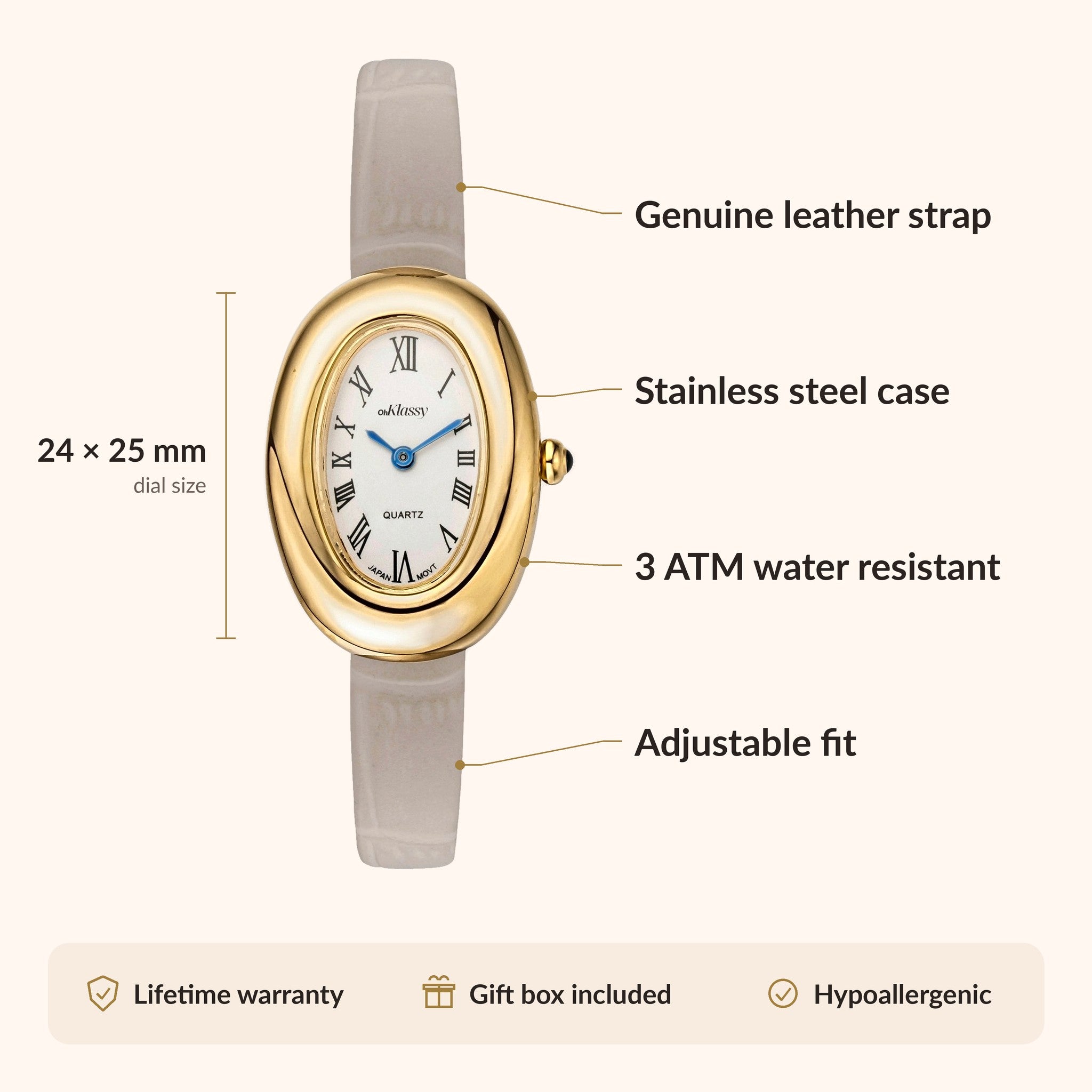 Montre pour femme OhKlassy Sarah Grey Leather Gold d'inspiration vintage : infographie sur les dimensions et les caractéristiques