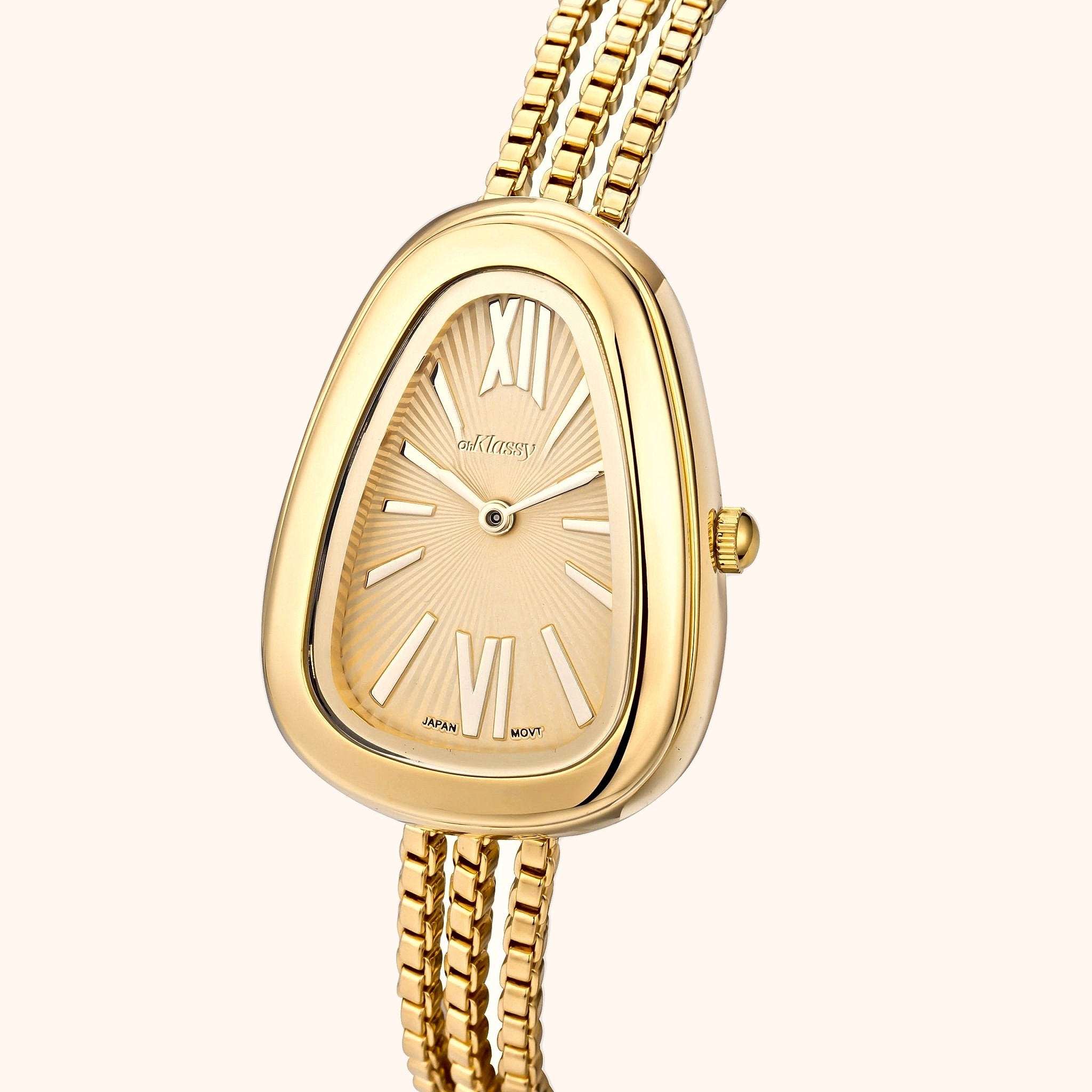 OhKlassy Serena Gold women's vintage-inspired watch, angled side view