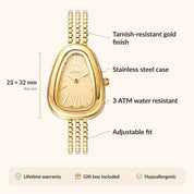 OhKlassy Serena Gold women's vintage-inspired watch, size and features infographic