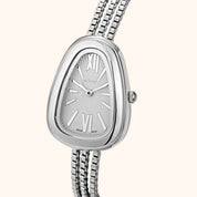 OhKlassy Serena Silver women's vintage-inspired watch, angled side view