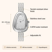 OhKlassy Serena Silver women's vintage-inspired watch, size and features infographic