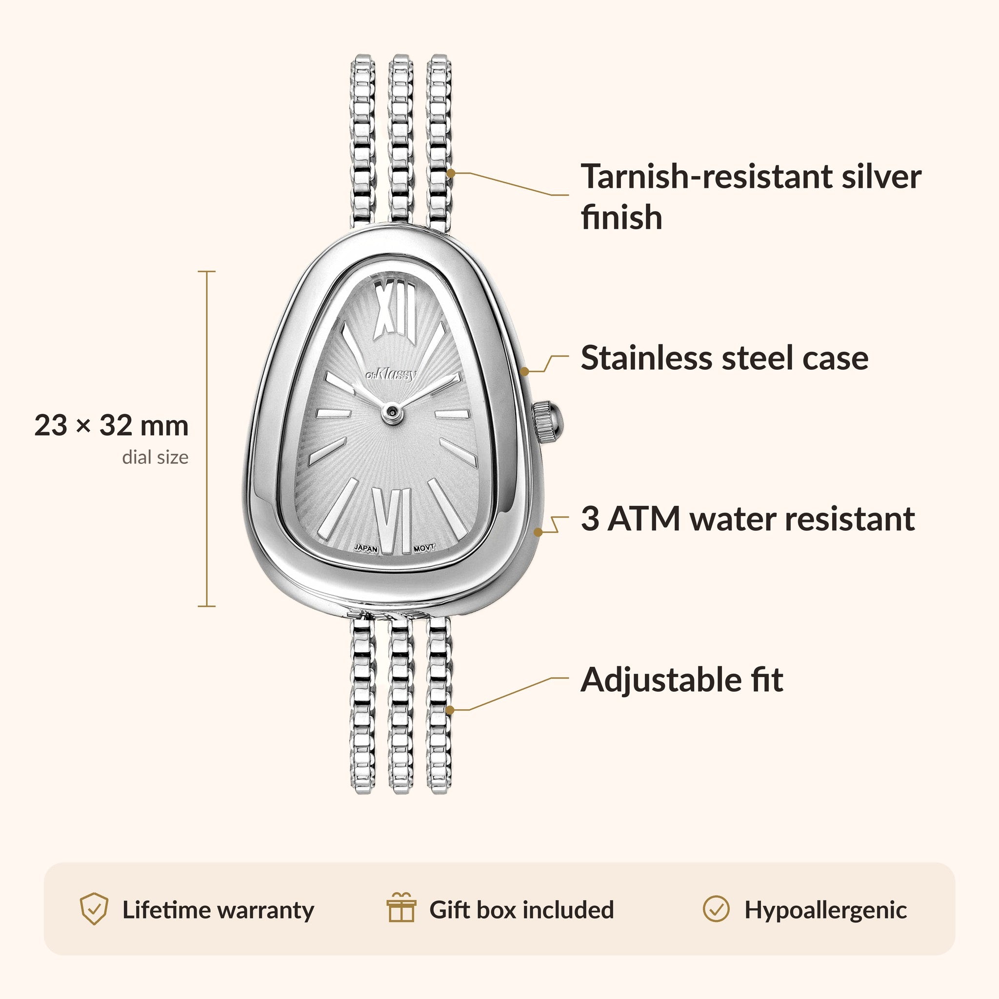 OhKlassy Serena Silver women's vintage-inspired watch, size and features infographic