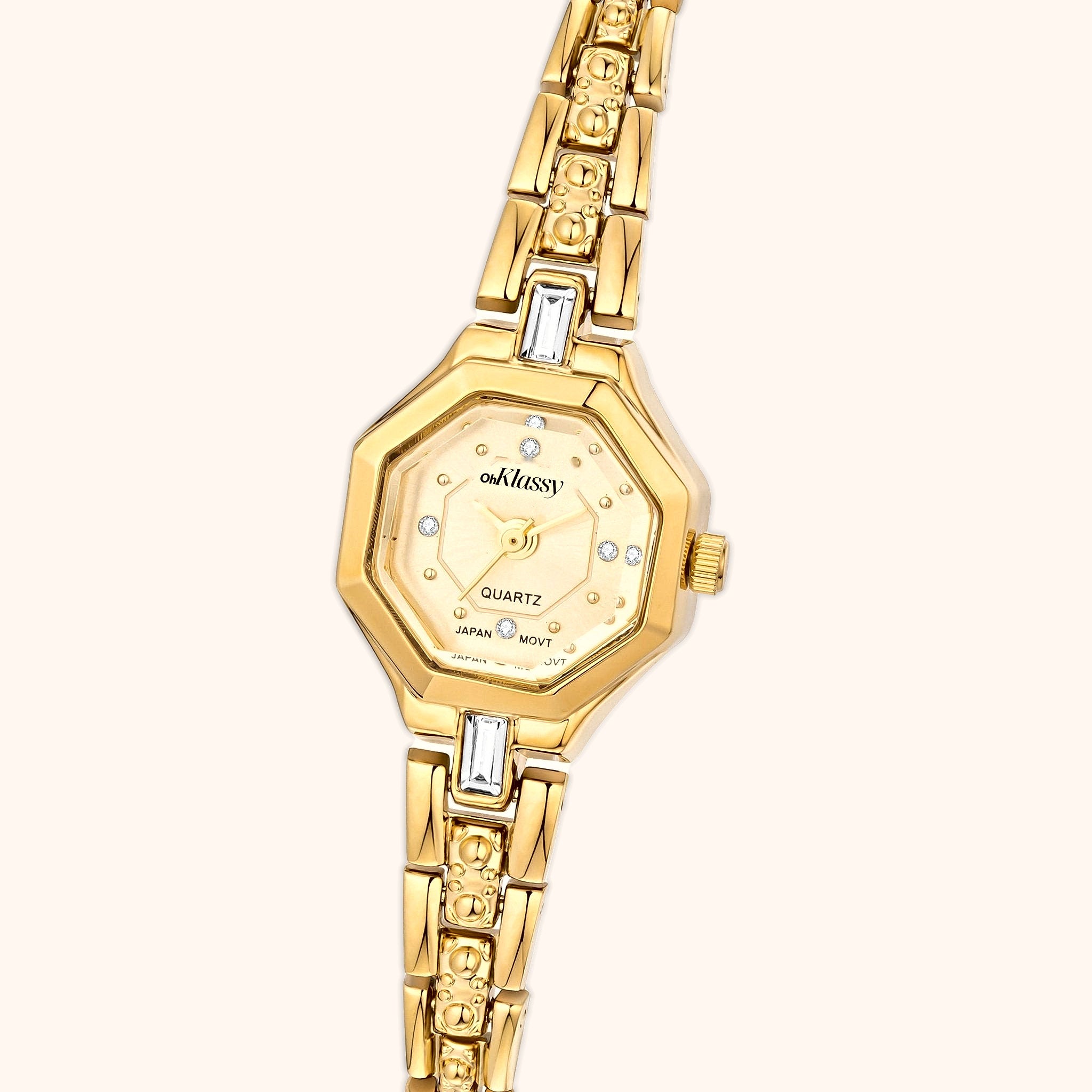 Orologio da donna OhKlassy Sophia Gold in stile vintage, primo piano del quadrante