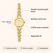Orologio da donna OhKlassy Sophia Gold in stile vintage: infografica su dimensioni e caratteristiche