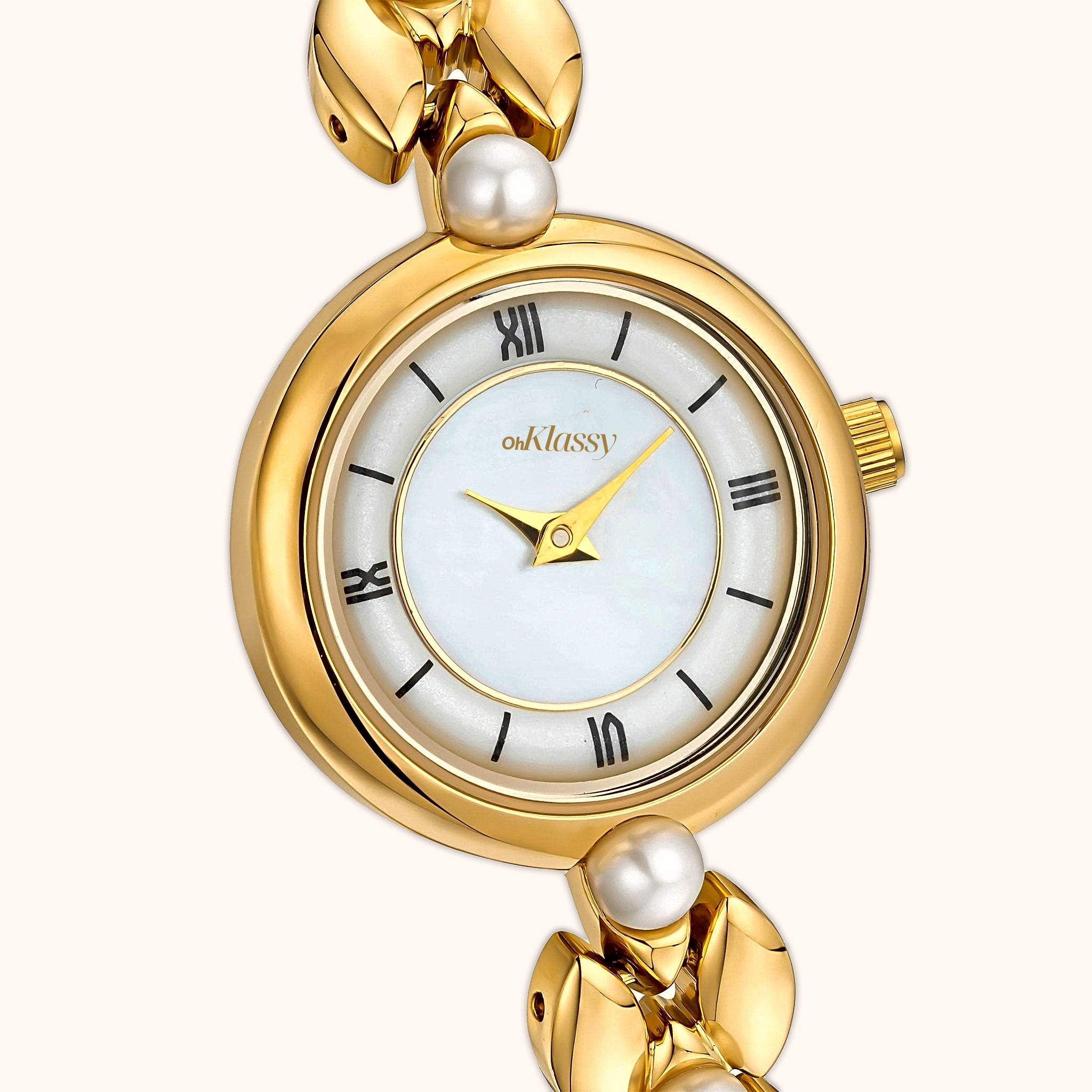OhKlassy Sophia Pearl Gold vintage-geïnspireerd dameshorloge, close-up van de wijzerplaat