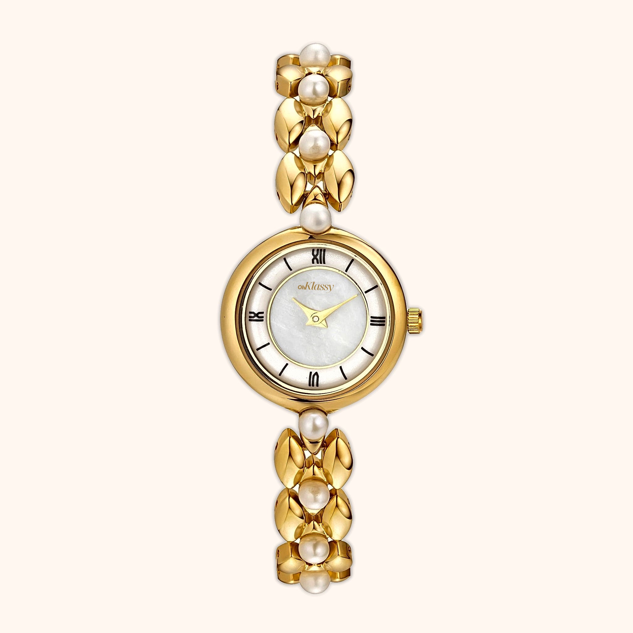 OhKlassy Sophia Pearl Gold women's vintage-inspired watch, front view