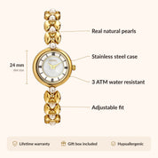 OhKlassy Sophia Pearl Gold: vintage-geïnspireerd dameshorloge – infographic met afmetingen en kenmerken
