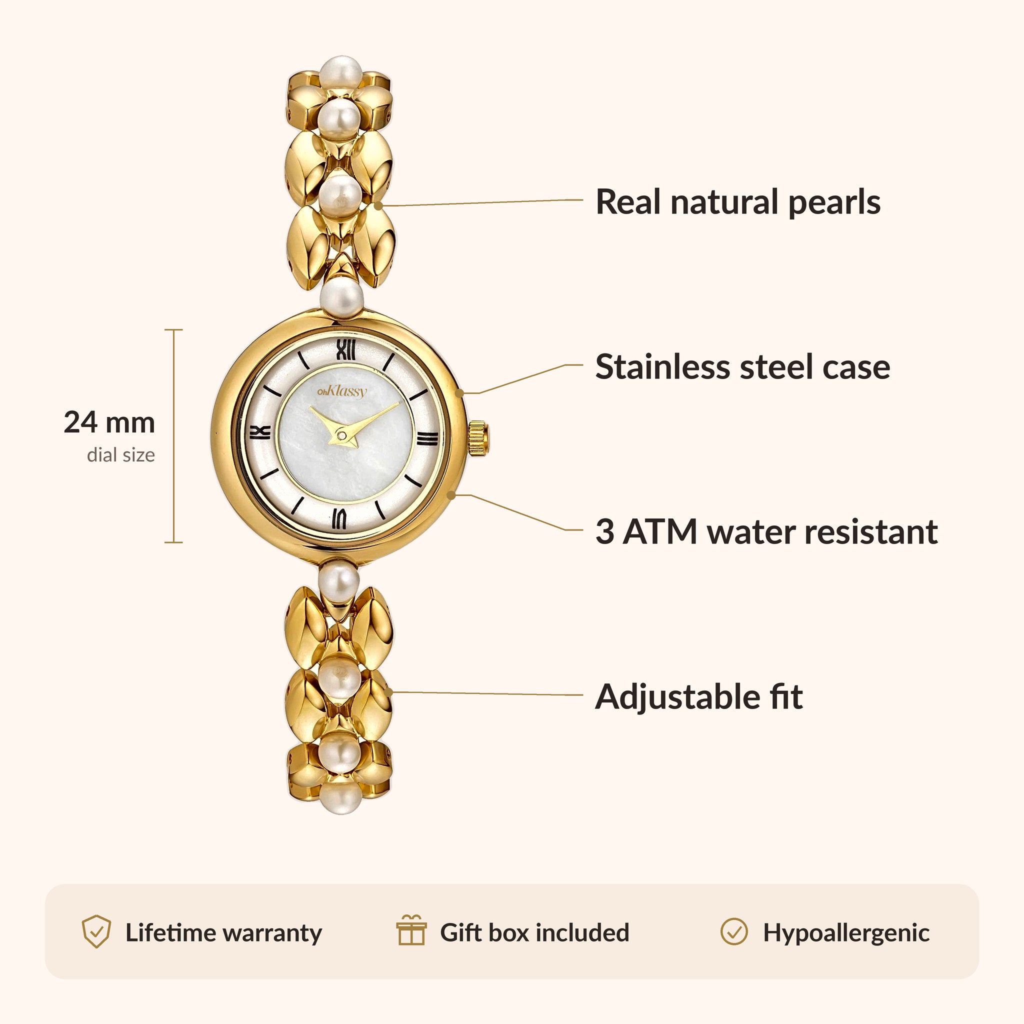 OhKlassy Sophia Pearl Gold: vintage-geïnspireerd dameshorloge – infographic met afmetingen en kenmerken