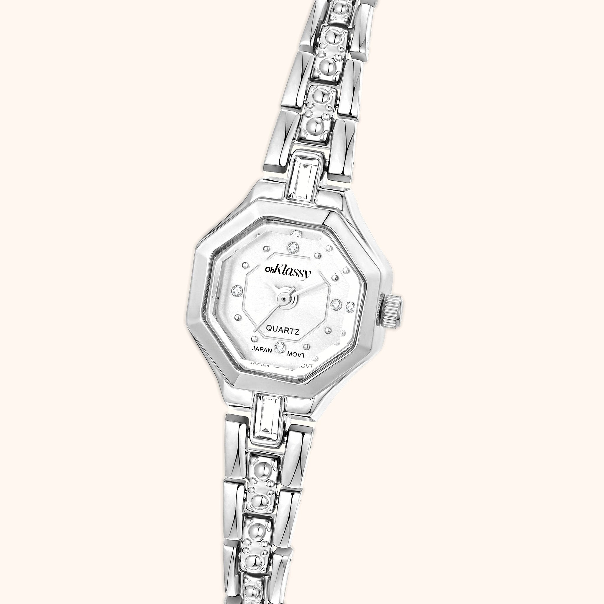 OhKlassy Sophia Silver women's vintage-inspired watch, dial close-up