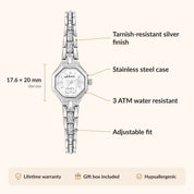 OhKlassy Sophia Silver women's vintage-inspired watch, size and features infographic