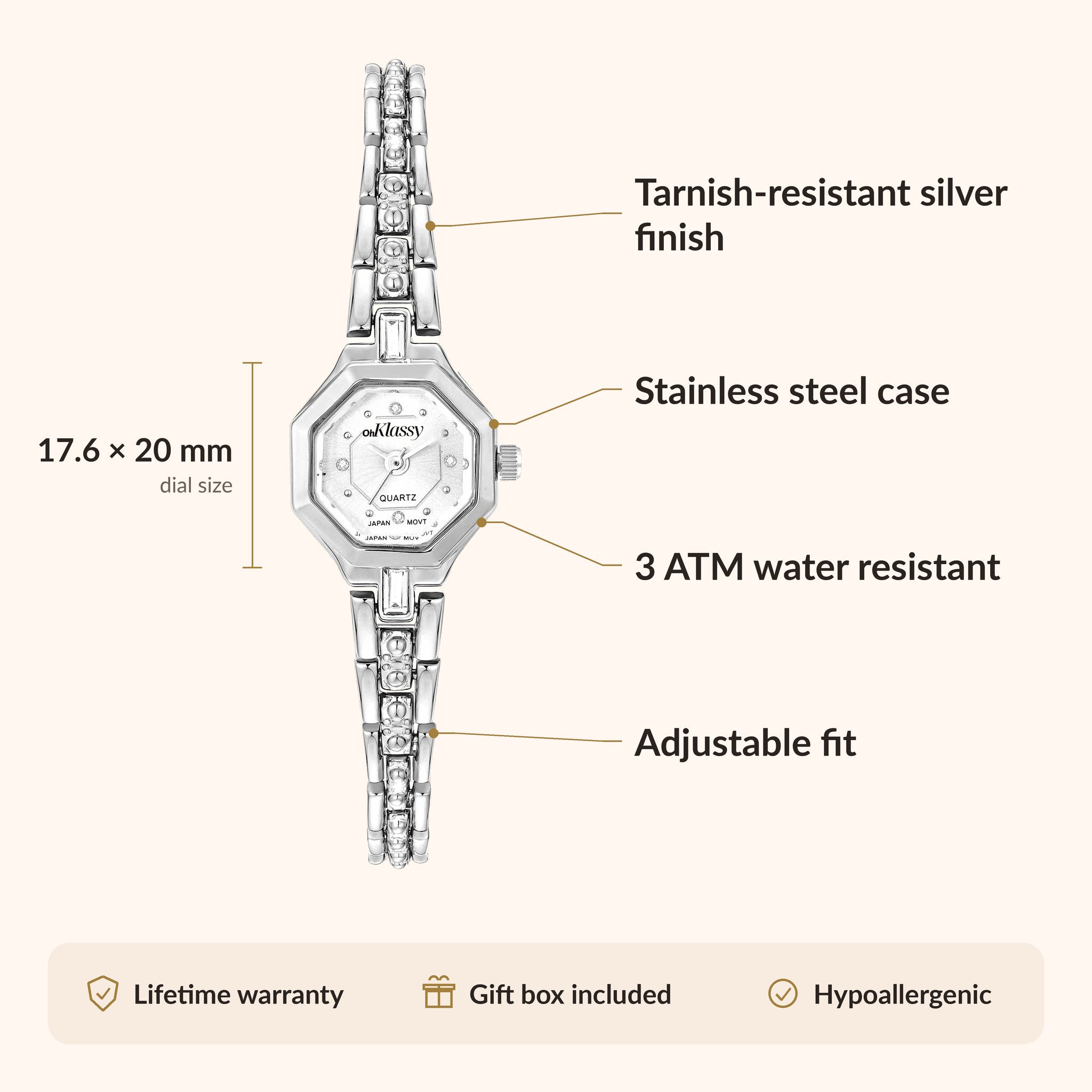 OhKlassy Sophia Silver women's vintage-inspired watch, size and features infographic