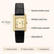 OhKlassy Sophie Leder Gold – Vintage-inspirierte Damenuhr: Infografik zu Größe und Funktionen