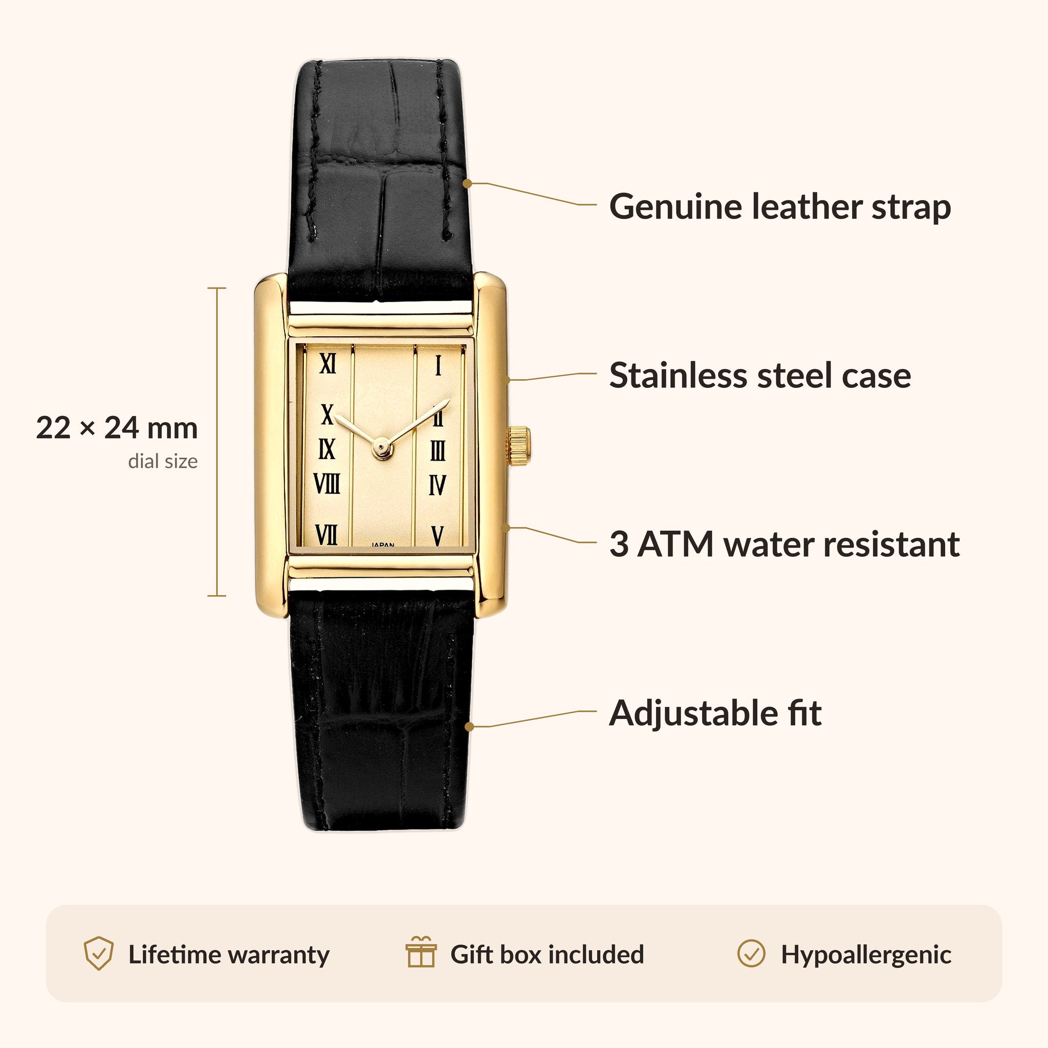 OhKlassy Sophie Leder Gold – Vintage-inspirierte Damenuhr: Infografik zu Größe und Funktionen