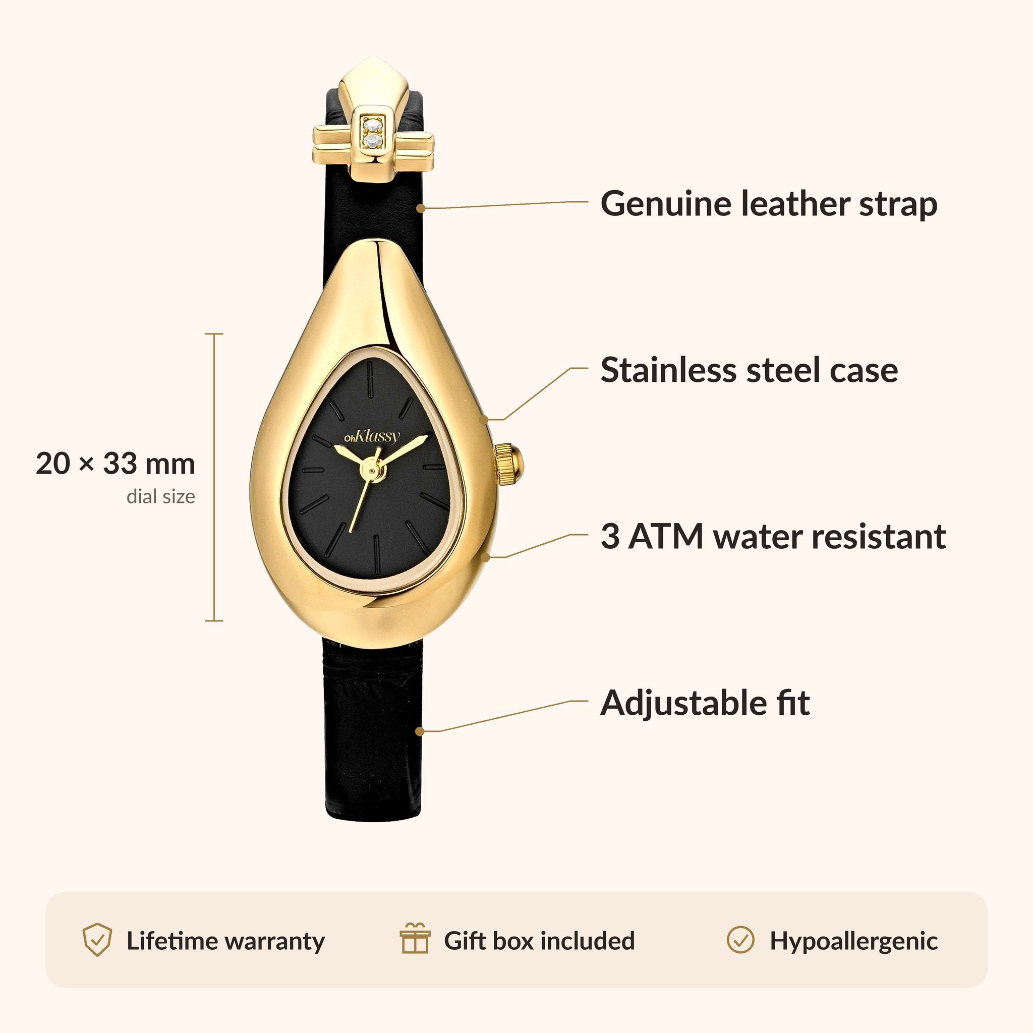 OhKlassy Valentina Leather Gold women's vintage-inspired watch, size and features infographic