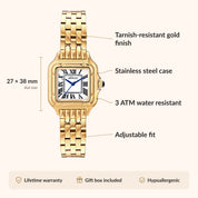 OhKlassy Victoria Gold women's vintage-inspired watch, size and features infographic