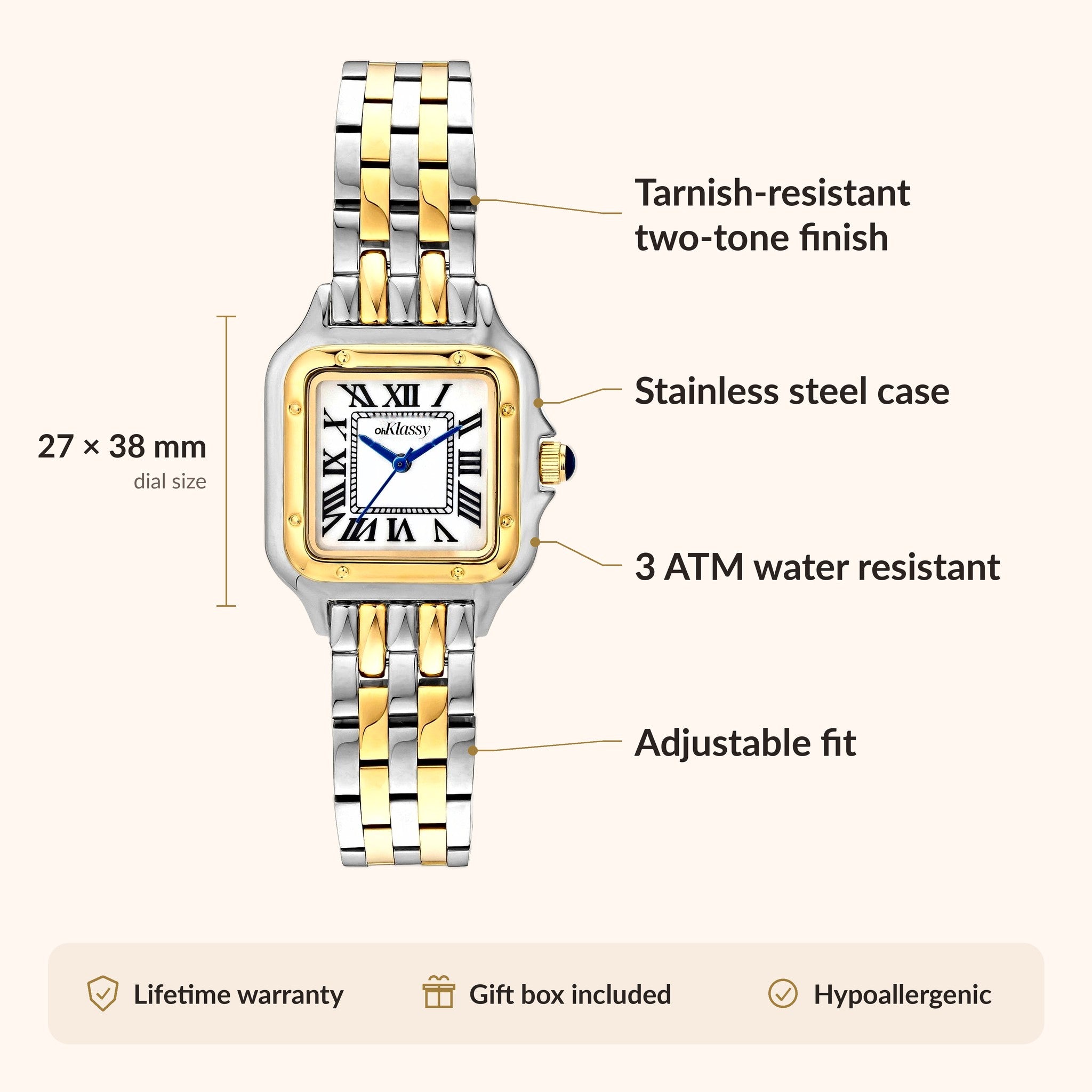 OhKlassy Victoria Two Tone women's vintage-inspired watch, size and features infographic
