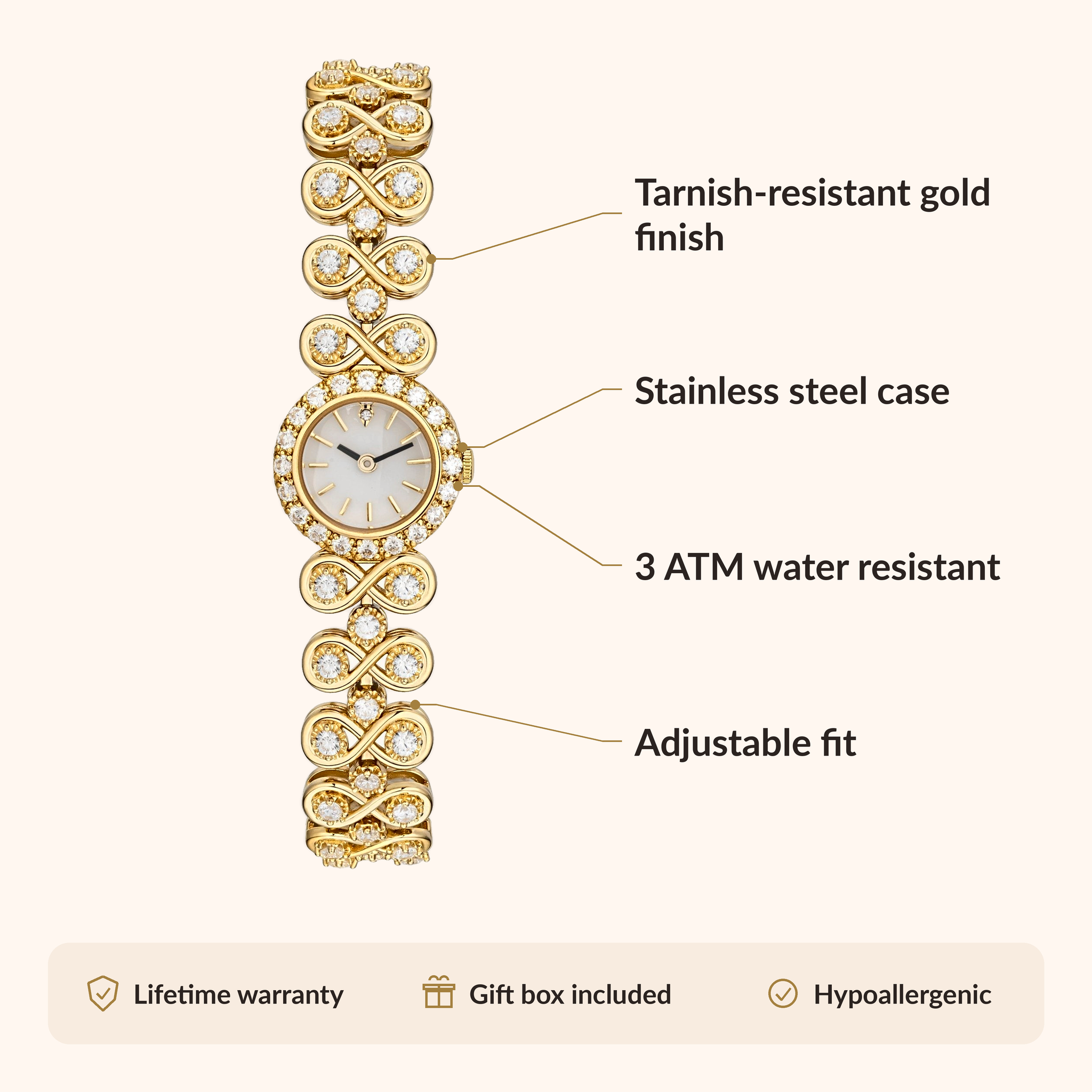 OhKlassy Viera Gold women's vintage-inspired watch, size and features infographic