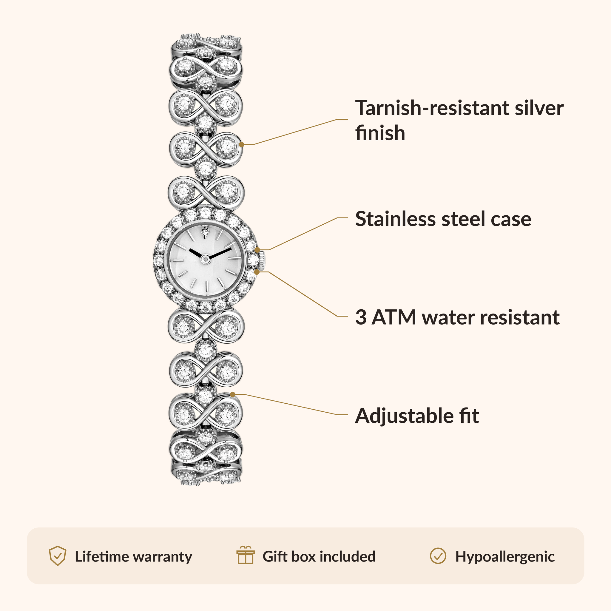 OhKlassy Viera Silver women's vintage-inspired watch, size and features infographic