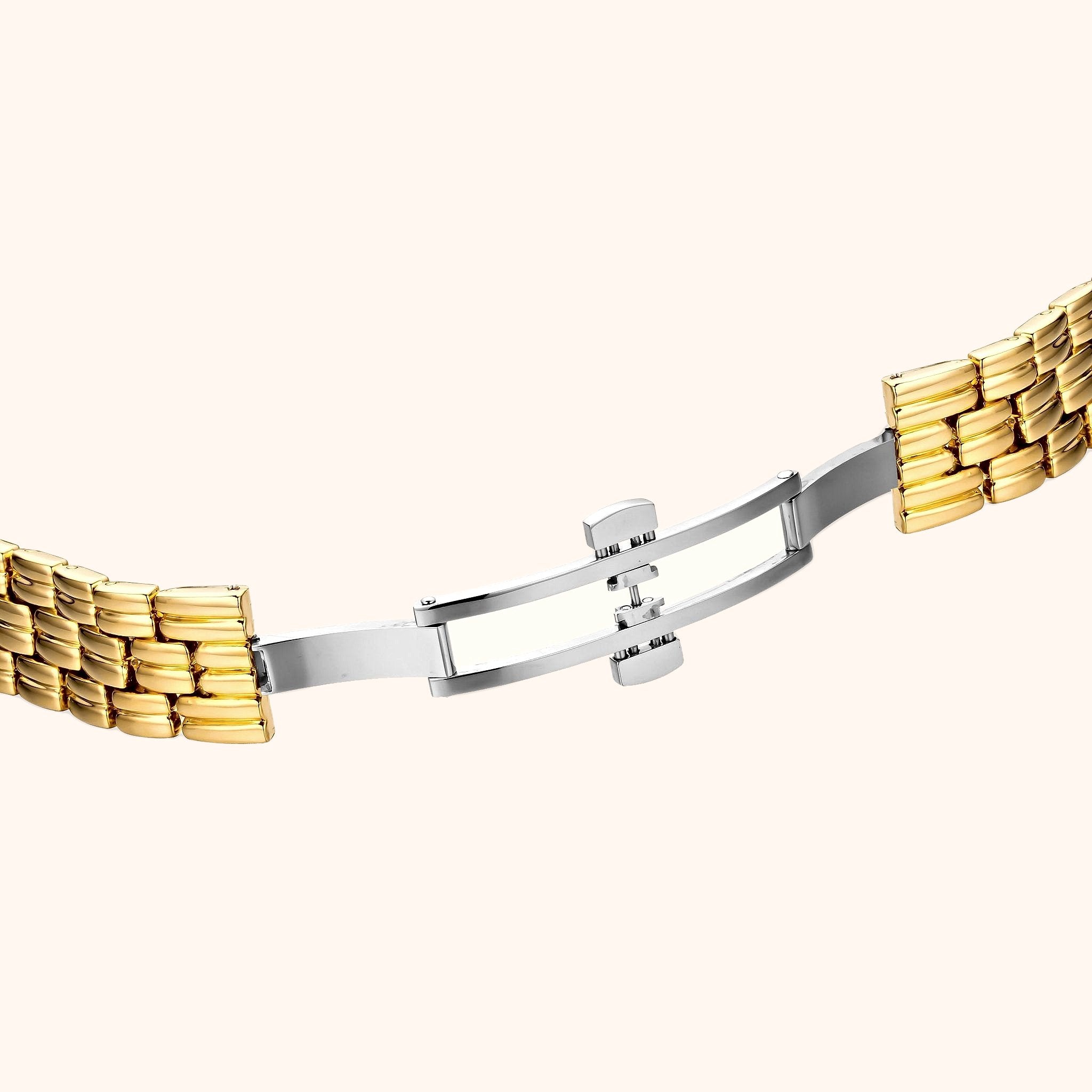 OhKlassy Yasmina Gold women's vintage-inspired watch, bracelet and clasp detail