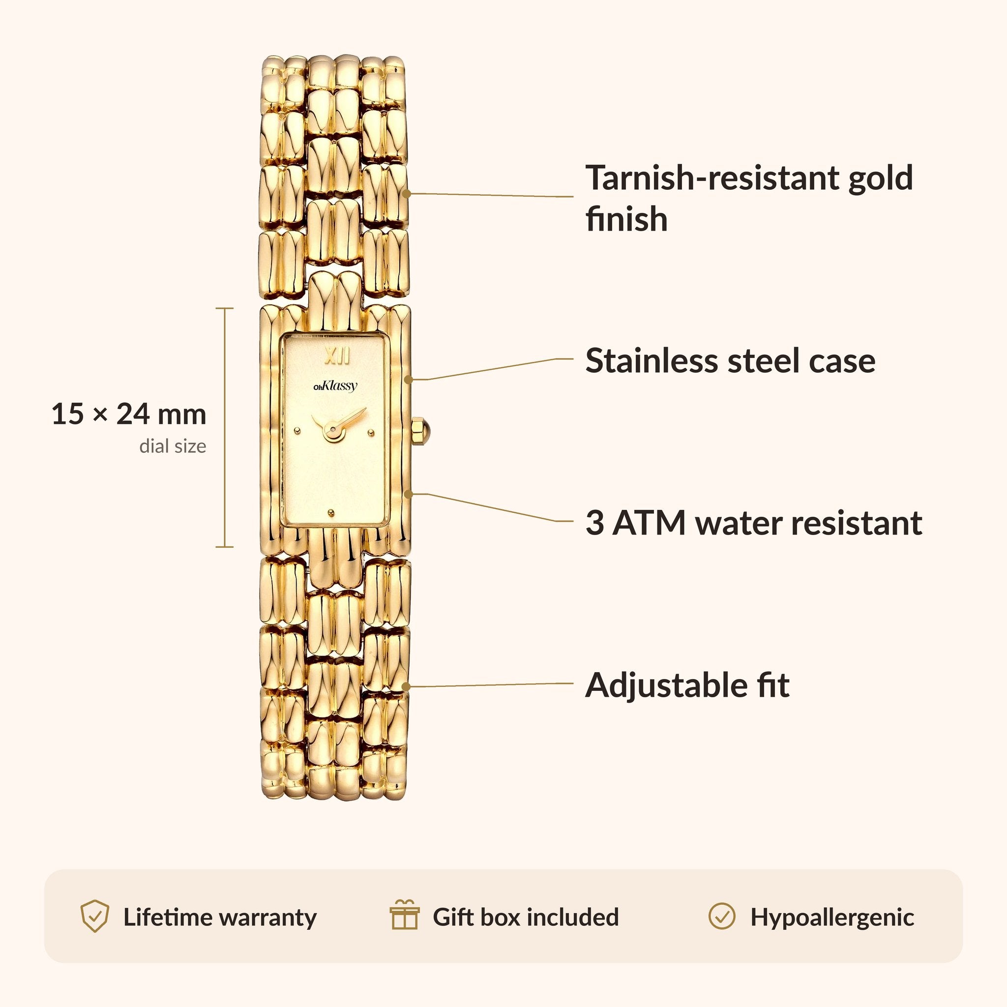 OhKlassy Yasmina Gold women's vintage-inspired watch, size and features infographic