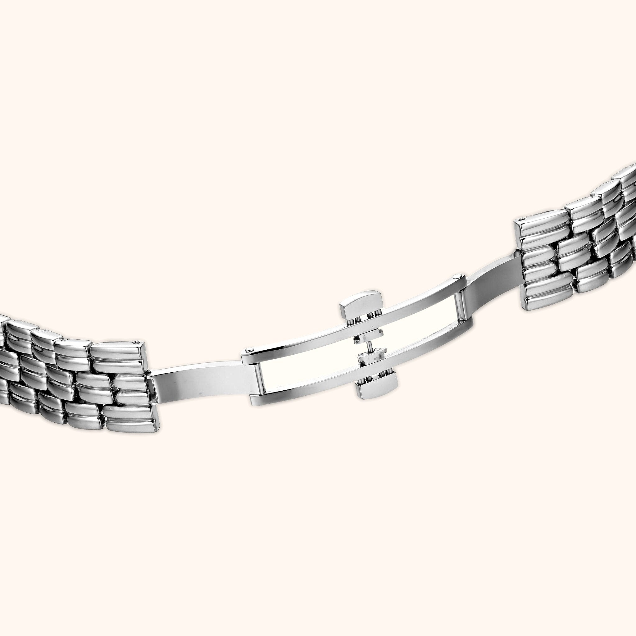 OhKlassy Yasmina Silver women's vintage-inspired watch, bracelet and clasp detail