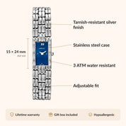 OhKlassy Yasmina Silver women's vintage-inspired watch, size and features infographic