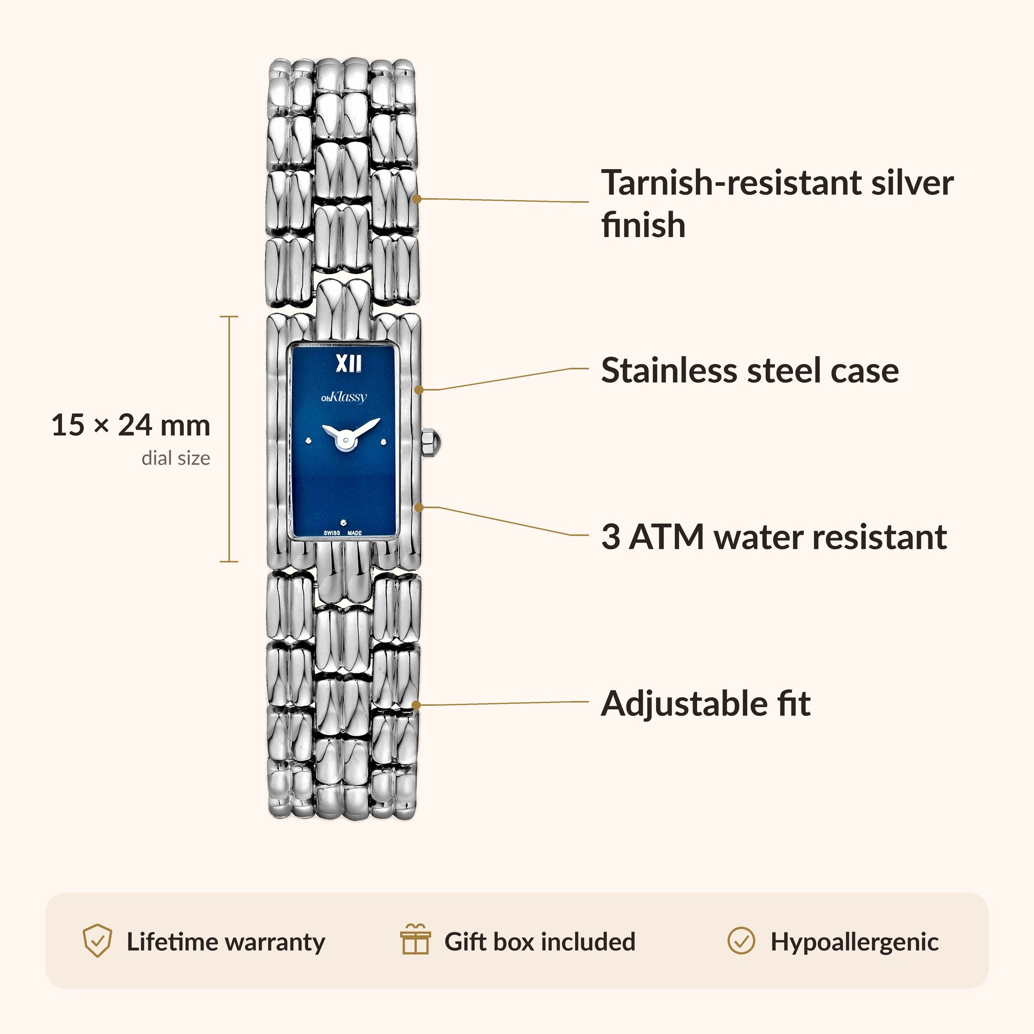 OhKlassy Yasmina Silver women's vintage-inspired watch, size and features infographic