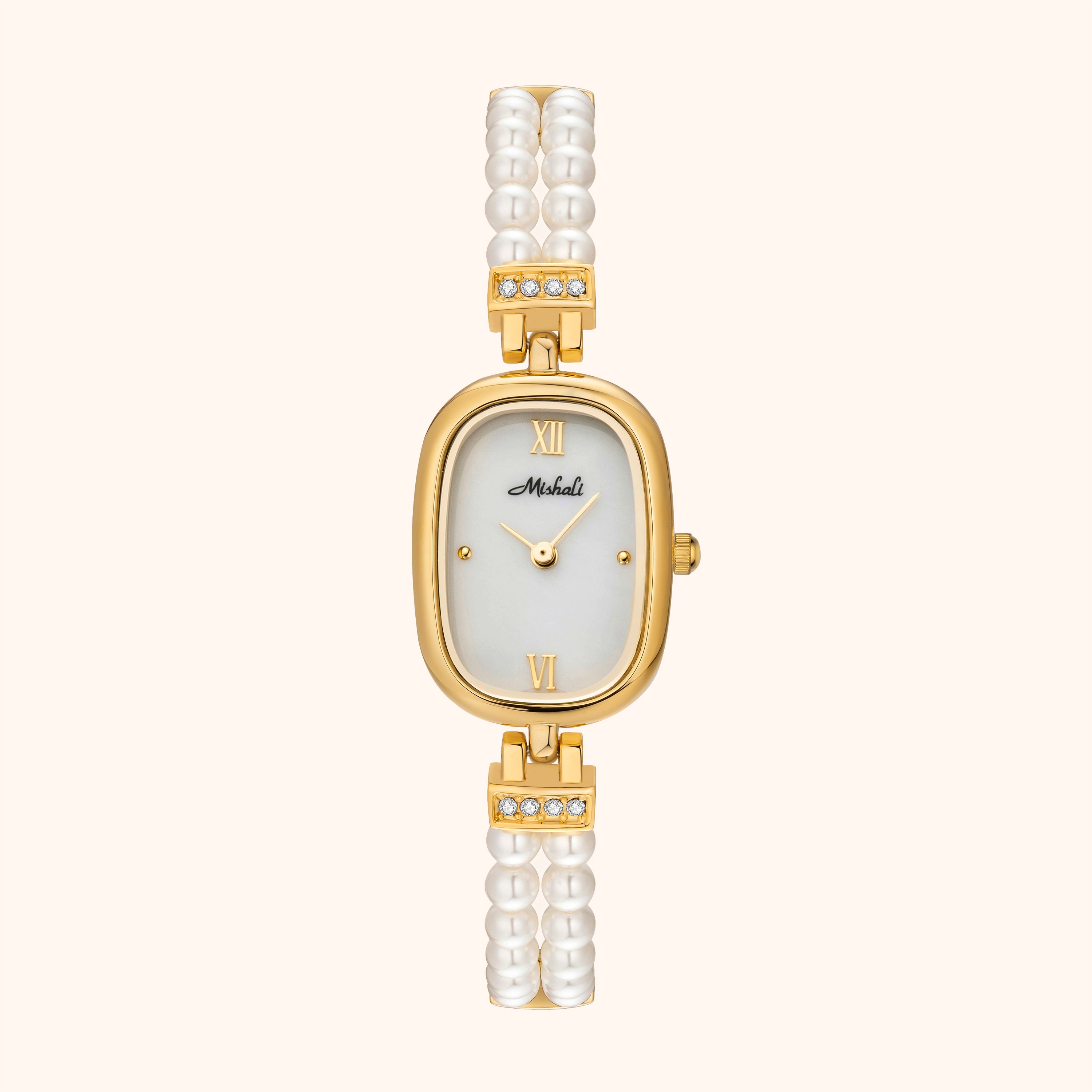Goud horloge Davina luxe witte achtergrond en echte parel armband